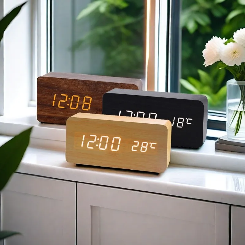 LED Wooden Digital Alarm Clock with Voice Control - Stylish Home Decor Clock