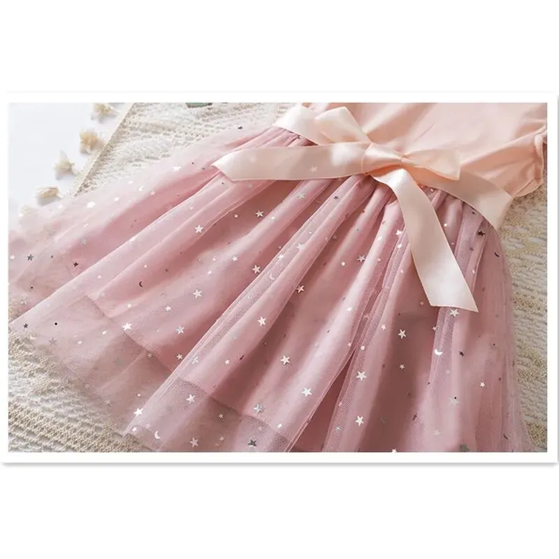 2025 New in Dress Solid Sequin Summer Dress 2 4 6 Years Kid's Princess Fly Sleeve Elegant Cute Birthday Party