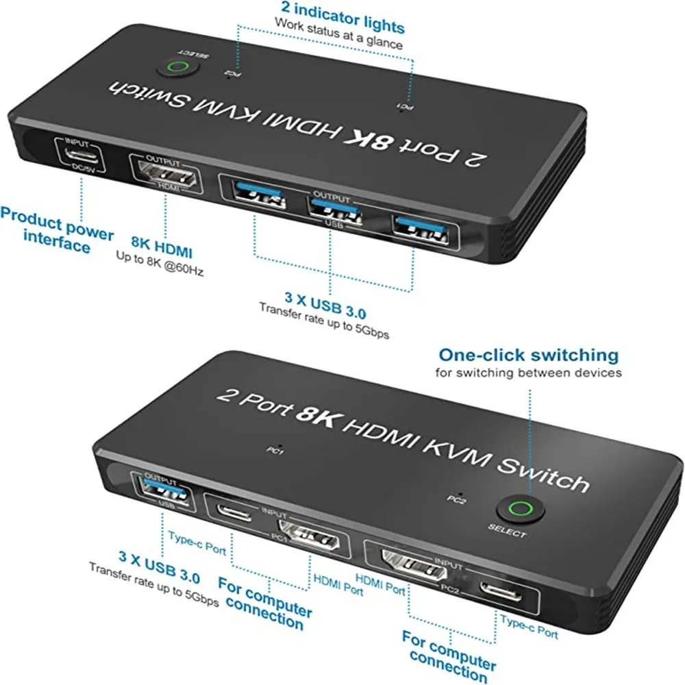 HDMI-ȣȯ 2.1 KVM ġ 8K @ 60hz 2 Ʈ USB  HD ġ, 2  ǻͿ, Ű 콺    U ũ 