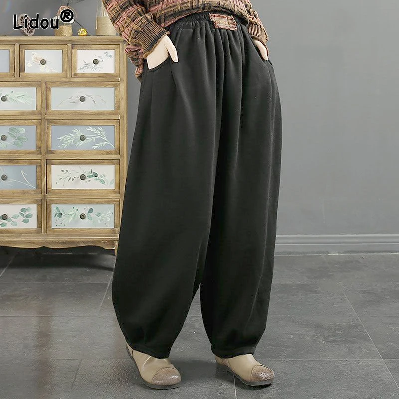 

2023 New Spring and Autumn Wide Edition Fashion Casual Simple Elastic Waist Pocket Solid Oversize Strap Sports Guard Pants