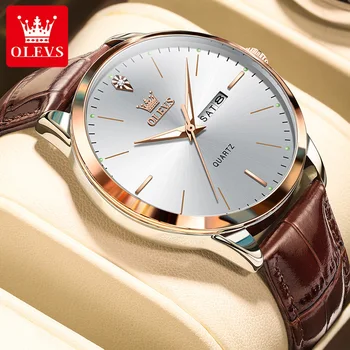 OLEVS Men's Watch Brand Business Waterproof Luminous Week Date Quartz Watch Fashion Leather Strap Classic Luxury Men's Watch 8