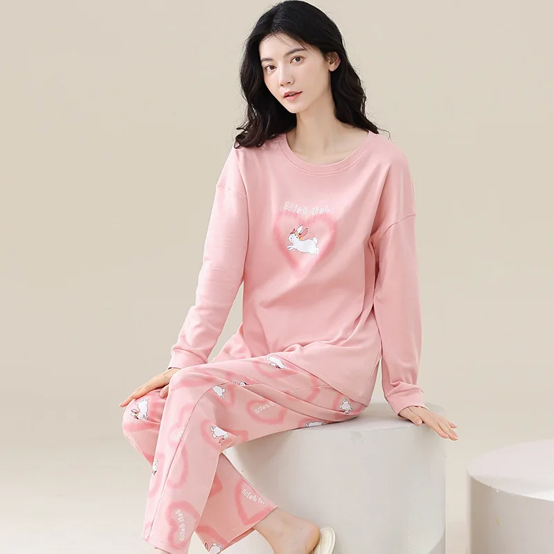 Spring Autumn Women's Pure Cotton Pajamas Round Neck Long Sleeve Pullover Pants Casual Home Clothing Set Comfortable Sleepwear