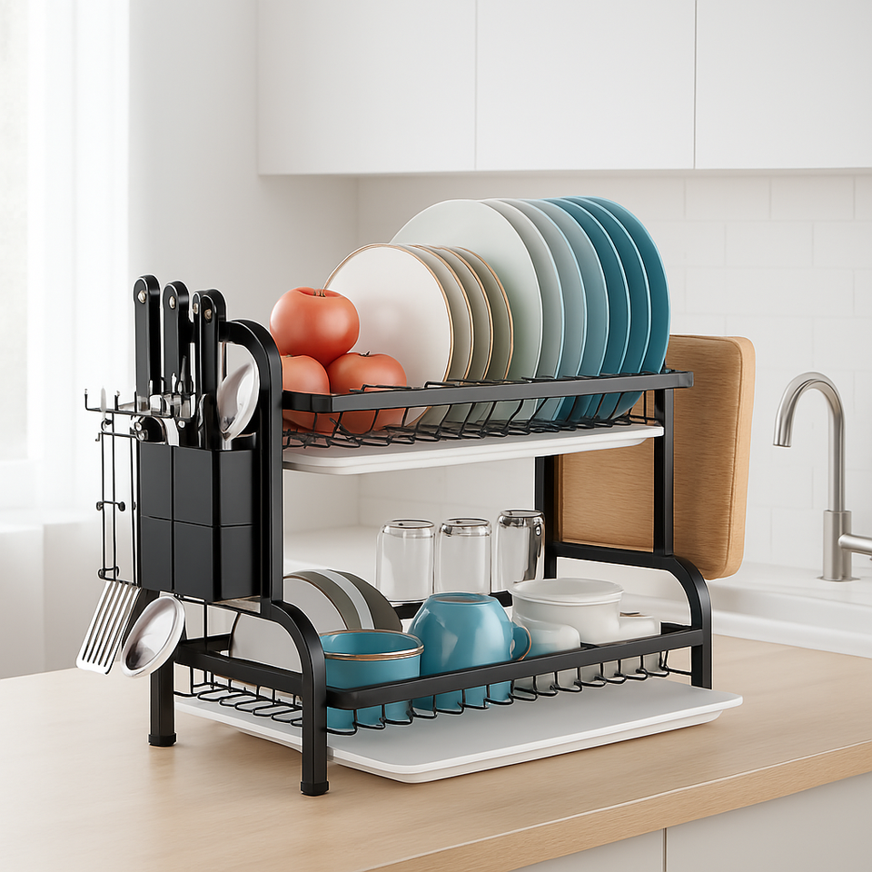 Upgraded Version 2-Tier Heavy Duty Kitchen Storage Rack Countertop Dish Drying Rack for Bowls Plates Utensils Space Saving