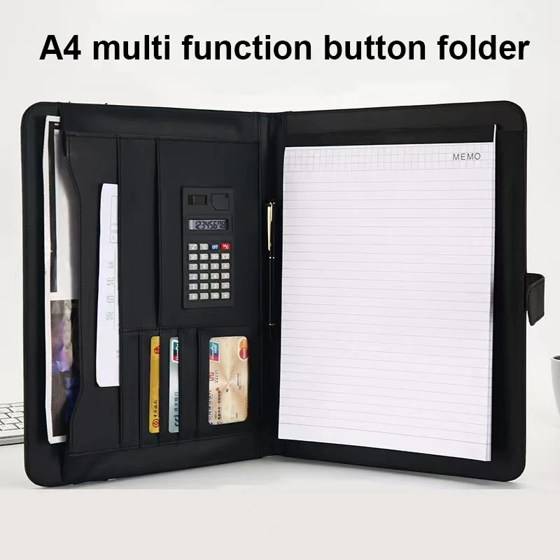 

A4 Portable File Folder with Calculator Organizer Business Manager Office Document Pads Briefcase PU Leather Buckle Padfolio Bag