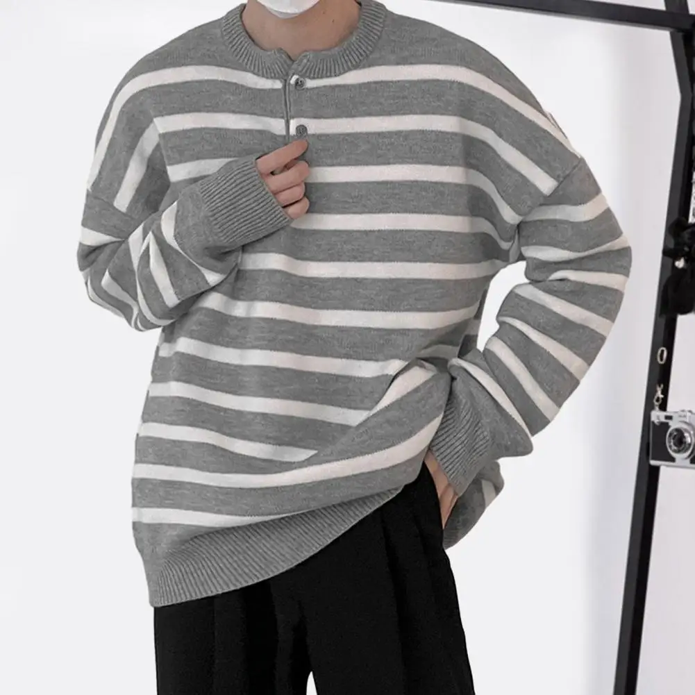 

Men Striped Pullover Sweater Men's Striped Print Sweater with Button Neckline Knitted Pullover O-neck Long Sleeve for Autumn