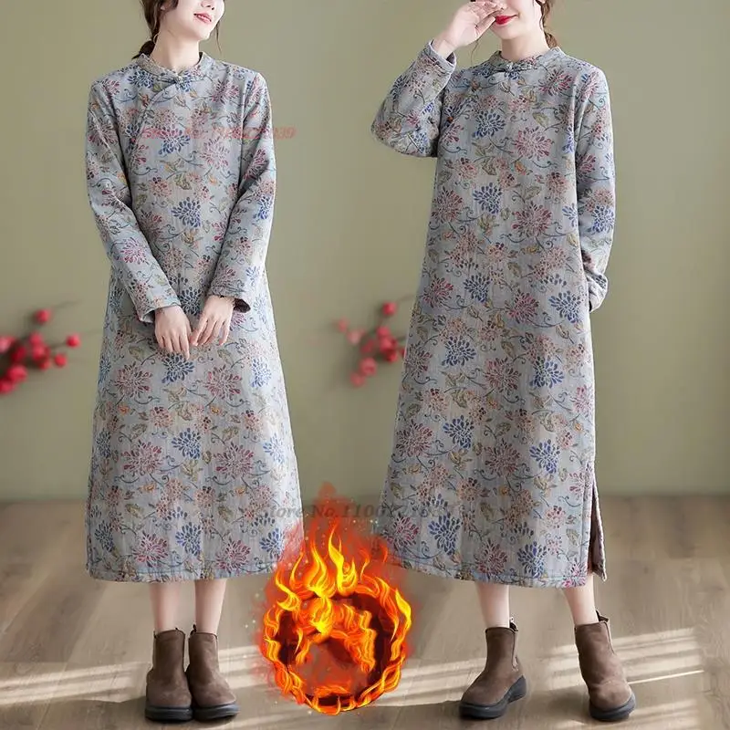 

2024 chinese improved fleece lined qipao dress traditional folk dress qipao national flower print cheongsam ethnic thicken dress