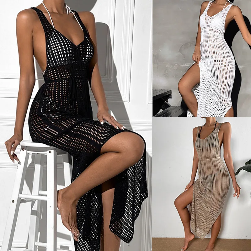 

New Women's Bandage Dress Hollow Out Crochet Dress V-neck Square Sexy Strappy Long Maxi Dress Female Knitted Bodycon Dress
