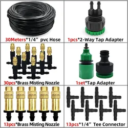 Outdoor Misting Cooling System with Brass Atomizer Nozzles and Hose for Garden and Patio Irrigation (30m)