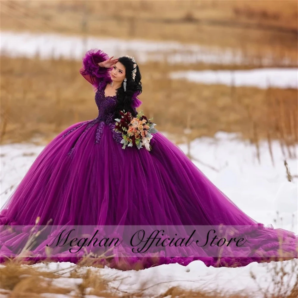 

Mexico Purple Sweetheart Quinceanera Dress 2023 Beaded Appliques Corset Prom Dress Ball Gown Ruffles Sweet 16 Robe De Bal