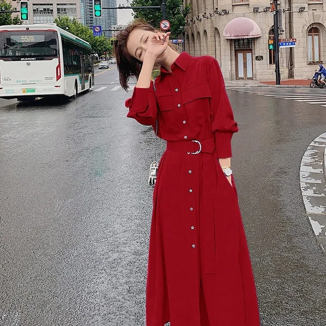 Button Shirt Dress Belt | Ladies Long Dress Buttons | Women Long Sleeves Shirt  Dress - Dresses - Aliexpress