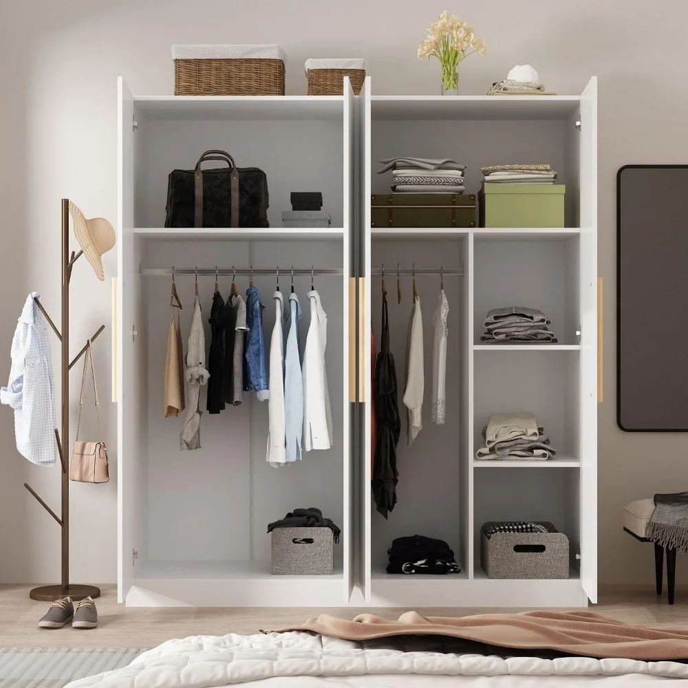 4 Door Wardrobe Armoires and Wardrobes with Storage Shelevs, Armoire Wardrobe Closet with Hanging Rod, Wooden Handles 4