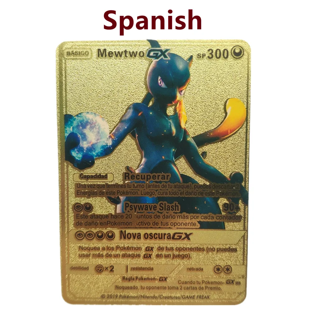 Испанские карты Pokemon Mewtwo Charizard GX золотые металлические Vmax жесткий желез испанские