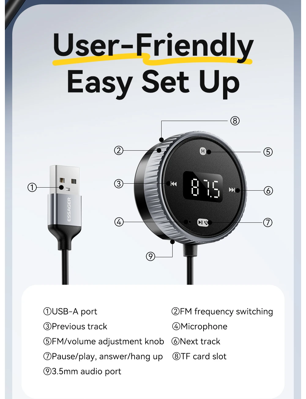 Car Bluetooth 5.3 FM Transmitter Built-in Mic Handsfree LED Display 3.5mm AUX Ad