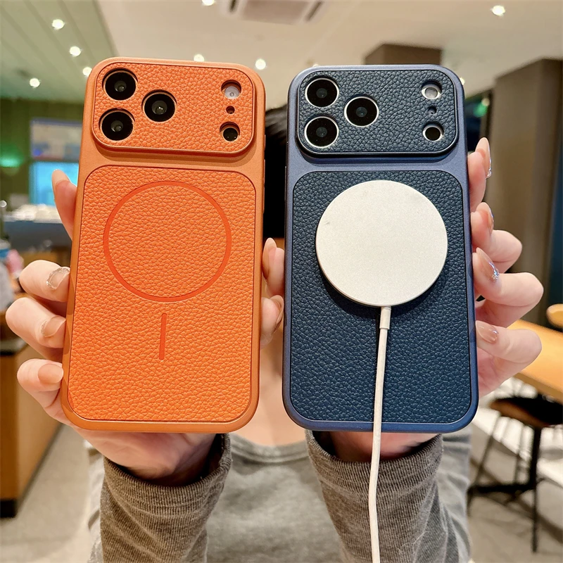 Magnetic Wireless Charging Case For Iphone Pro Max With Lychee Leather Texture And Shockproof Protection_voghion.com