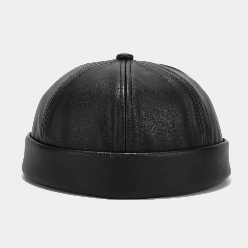 New Casual Brimless Hat Unisex Solid Color PU Leather Landlord Hat Retro Melon Skin Caps Adjustable Autumn Winter Docker Cap