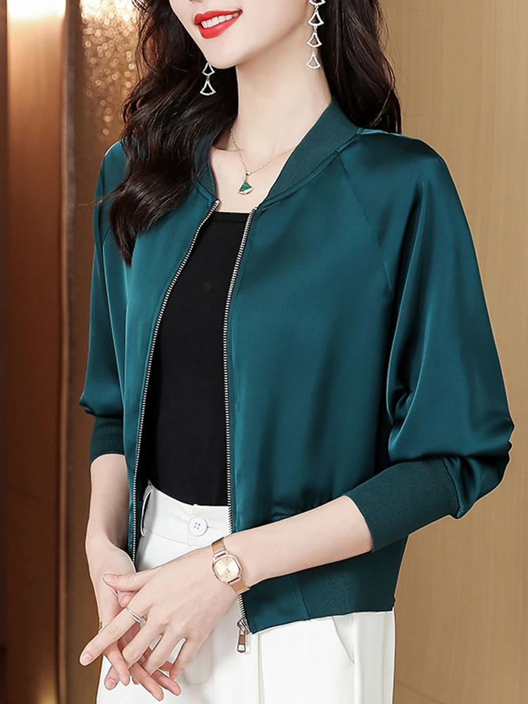 Fashion Satin Jacket Women 2023 Long Sleeve Casual Bomber Thin Short Coats Female Sunscreen Outwear Tops Elegant Clothing
