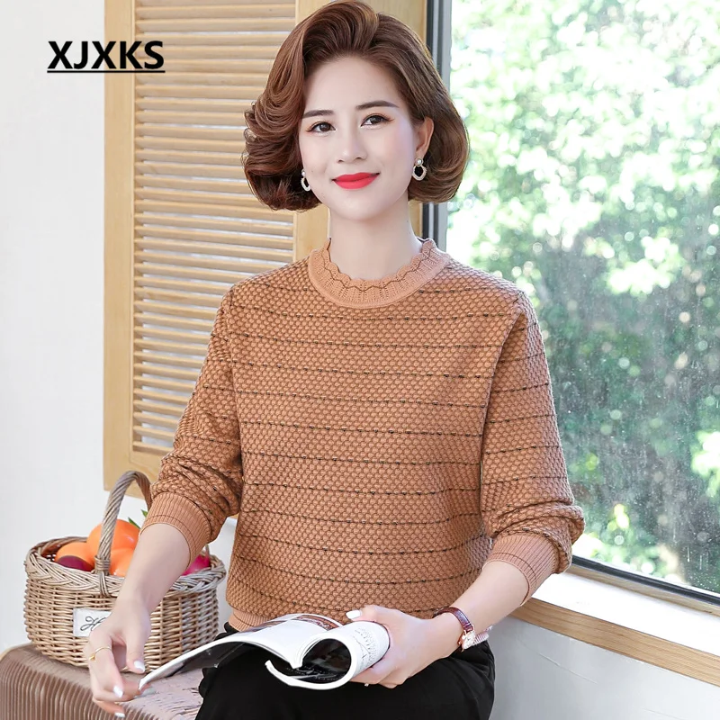 

XJXKS 2022 Autumn Winter New Women's Striped Sweater Round Neck Long Sleeve Comfortable Soft Wool Knit Pullover