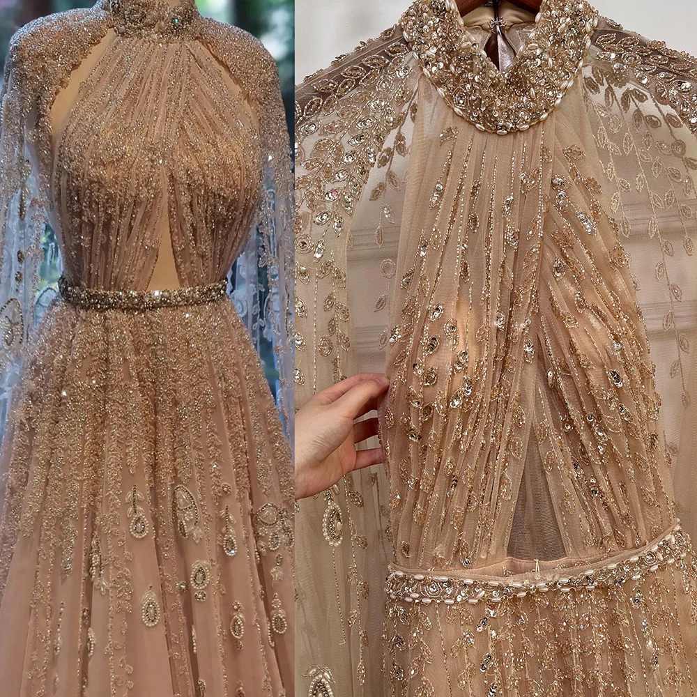 Serene Hill Dubai Arabic Luxury Nude A Line Beaded Evening Dresses With Cape Sleeves Gowns For Women  Wedding Party 2023 LA71803