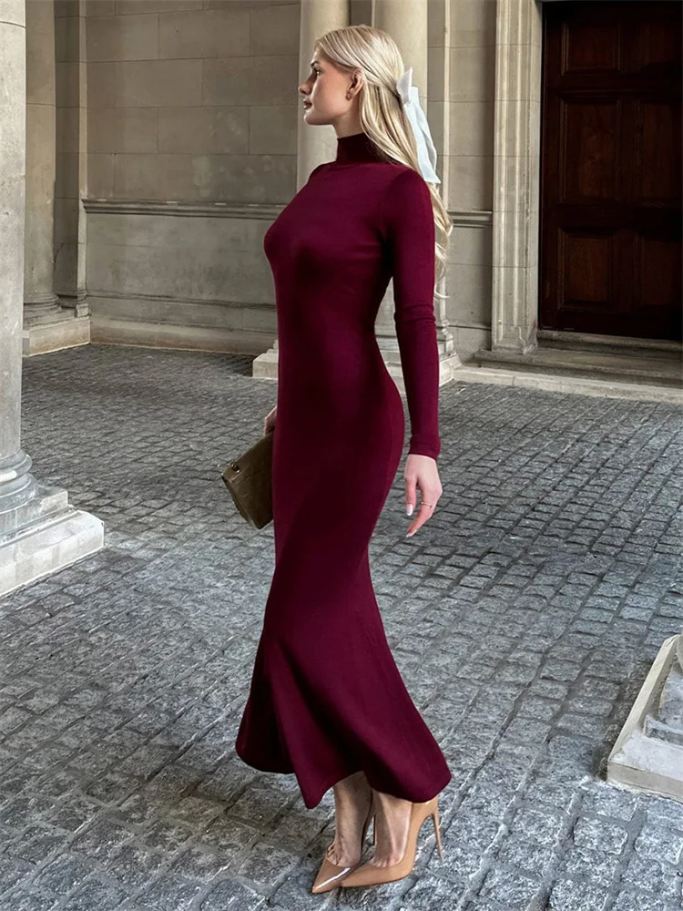 

Tossy Knit Turtleneck Skinny Maxi Dress For Women Long Sleeve Fashion Patchwork Elegant Party Dress Women's Solid Long Dress New