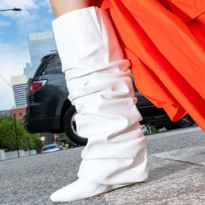 

Western Pleated Wedge Boots Pointed Toe Shinny Patent Leather Folded Height Increasing Knee High Boots Red Pink Black White