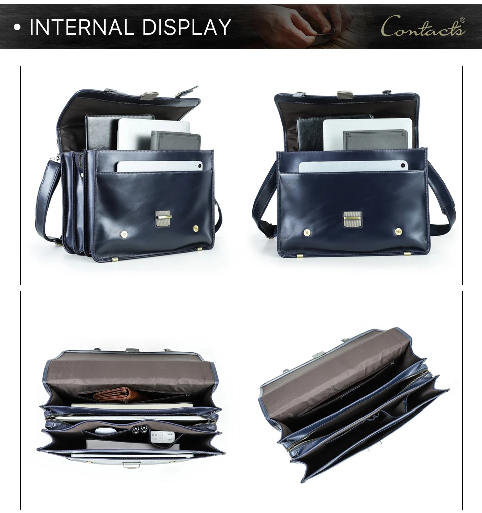 CONTACT'S Men's Bag Crazy Horse Leather Briefcase Men Business Bag For 14" Laptop Quality Leather Shoulder Messenger Bags Male