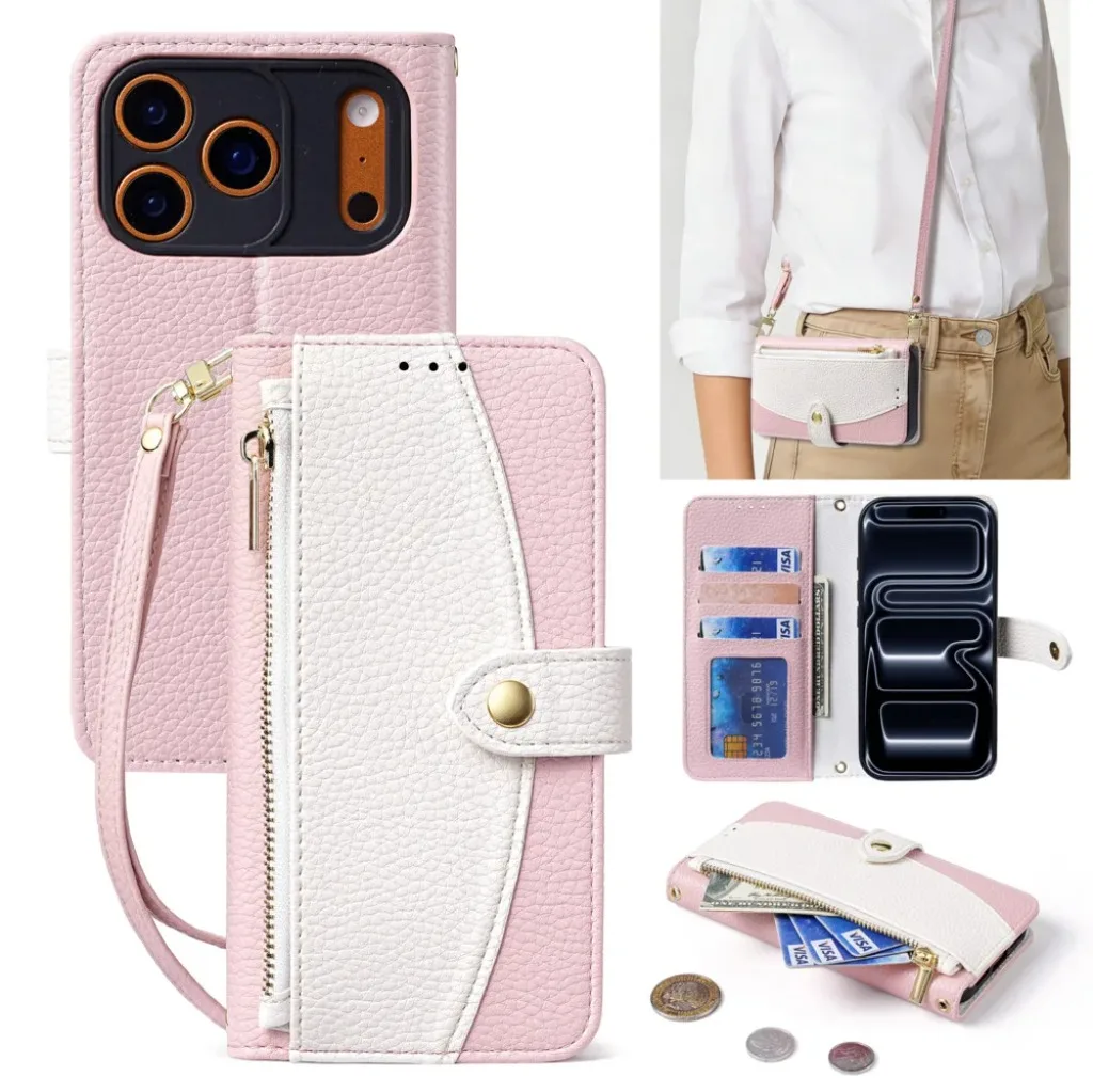 Elegant Leather Crossbody Wallet Phone Case with Zipper Card Holder and Lanyard Strap