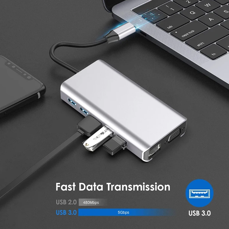 USB C Hub 4K HD Wireless Charger Multiport Adapter PD Type-C Docking Station VGA RJ45 TF SD Card Reader for Macbook 14 in1