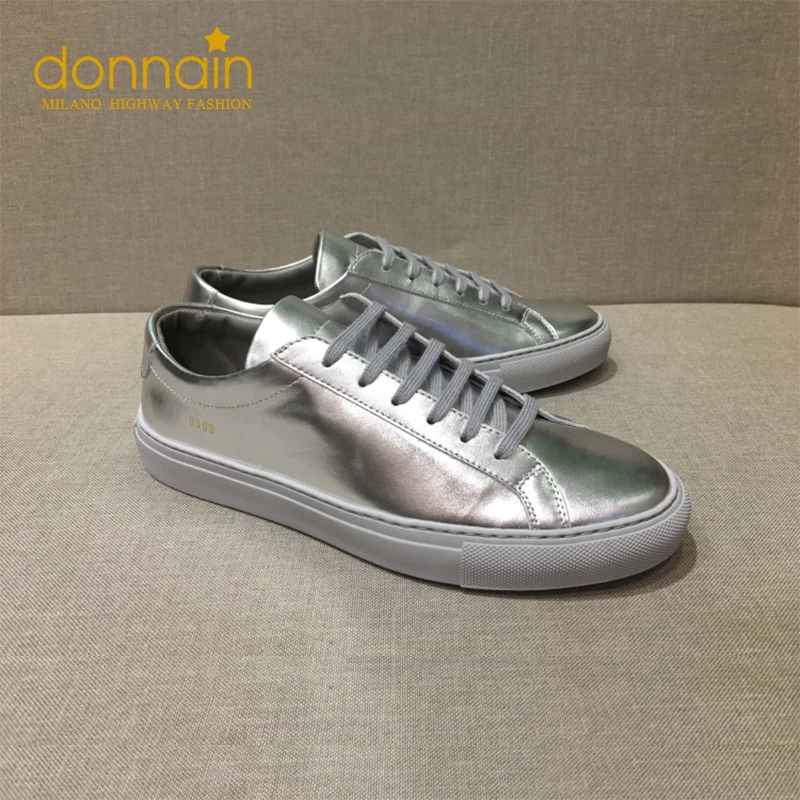 

DONNAIN 2022 New Lace Up Flat Casual Shoes for Women Silver Genuine Leather Handmade Classic Sneakers Men&Women