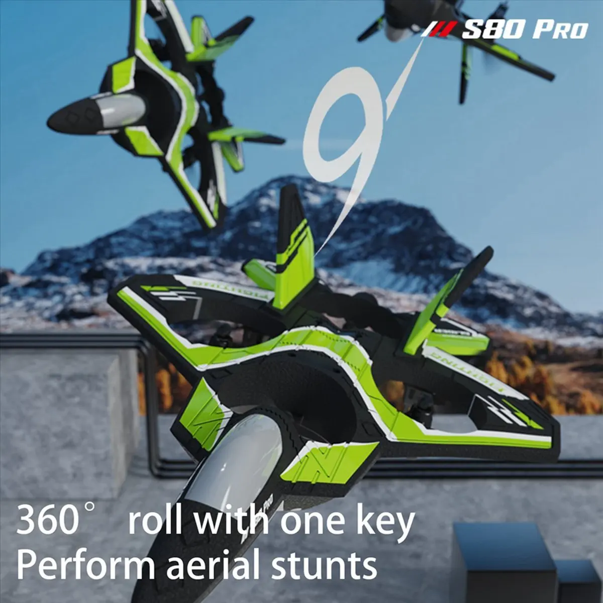 Drone télécommandé S80 avion voilure fixe mousse EPP vert prêt à décoller sur fond clair