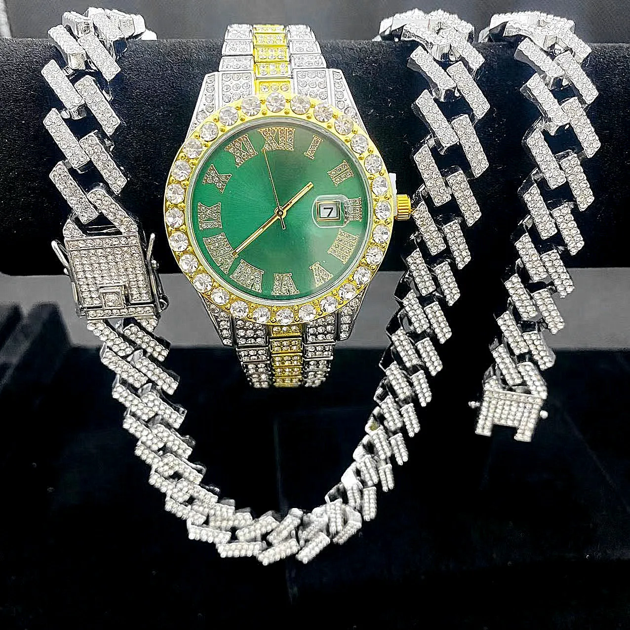 3PCS Iced Out Watches for Men Gold Watch Set 15mm Cuban Chain Bracelet Necklace Diamond Jewelry Set Watch Men Relogio De Pulso