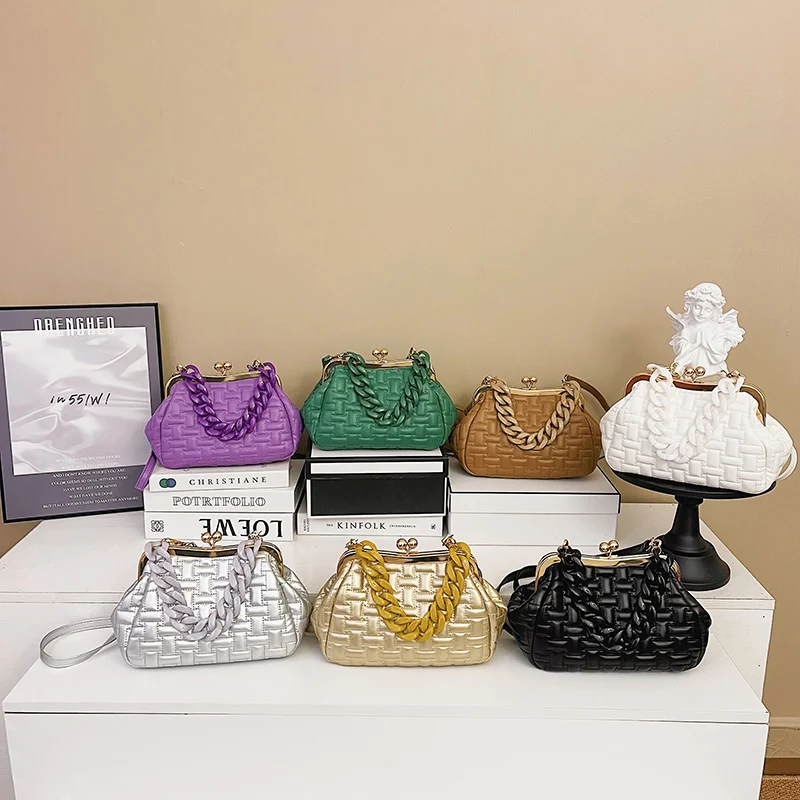 Purple Design Handbag Women Quilted Shoulder Bag Clip Small Crossbody Bags For Women 2022 Metal Chain Clutches Cloud Purse