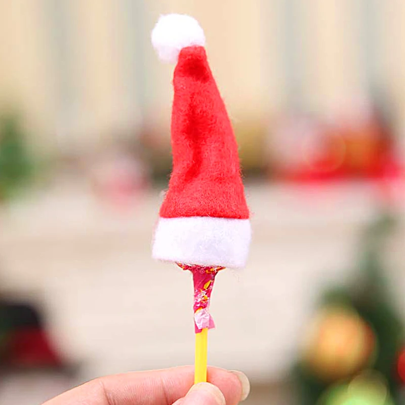 40pcs Mini Santa Hats Lollipops Christmas Decorations DIY Holiday Packaging Accessories Candy Santa Claus Caps Party Decoration