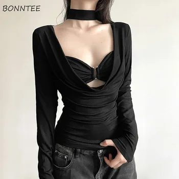 T-Shirts Women Low-cut Trendy Sexy Design Unique All-match Solid Long Sleeve Korean Fashion Popular Spring Slim Fit Tops Ulzzang 1
