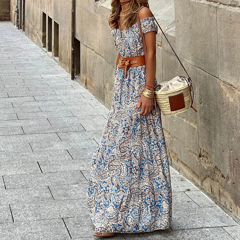 

Wepbel Dress Women Slash Collar Fashion Off-Neck Short Sleeve Bohemian Long Dress Summer Bohe Slim Fits Full Length Dres