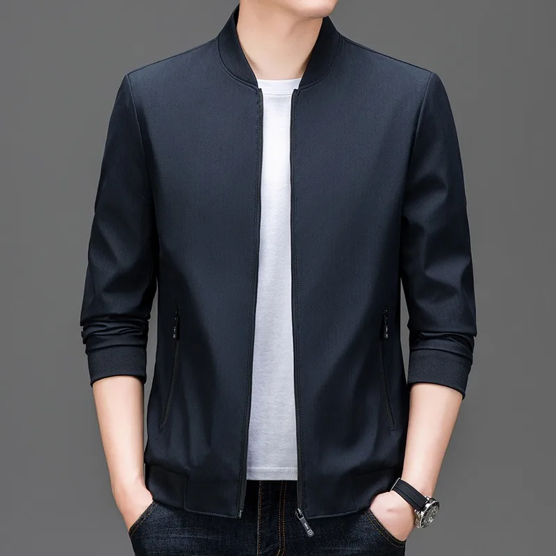 BROWON Brand 2024 Spring Autumn Formal Black Jacket Men Solid Color Knitted Baseball Collar Zipper Fly Cardigan Coat for Man 3