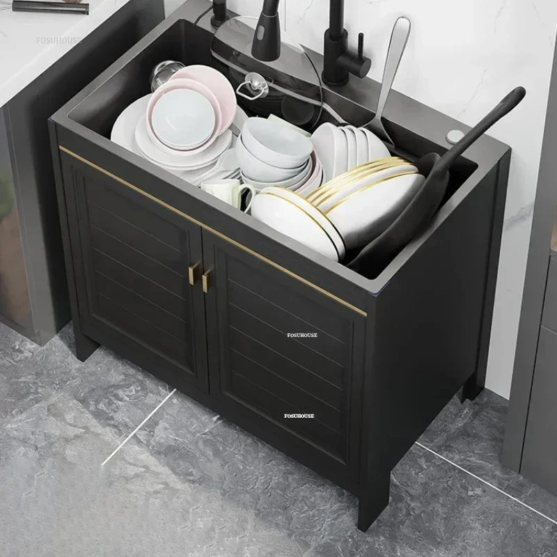 Stainless Steel Large Kitchen Sinks Integrated Cabinet Floor-standing Washing Sink with Cabinet Multifunctional Single-slot Sink