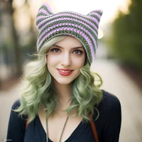 Corchet Cute Cat Ears Beanie Hat for Women Winter Striped Korean Fashion Y2K HipHop Cosplay Knitted Streetwear Men Skullies 5