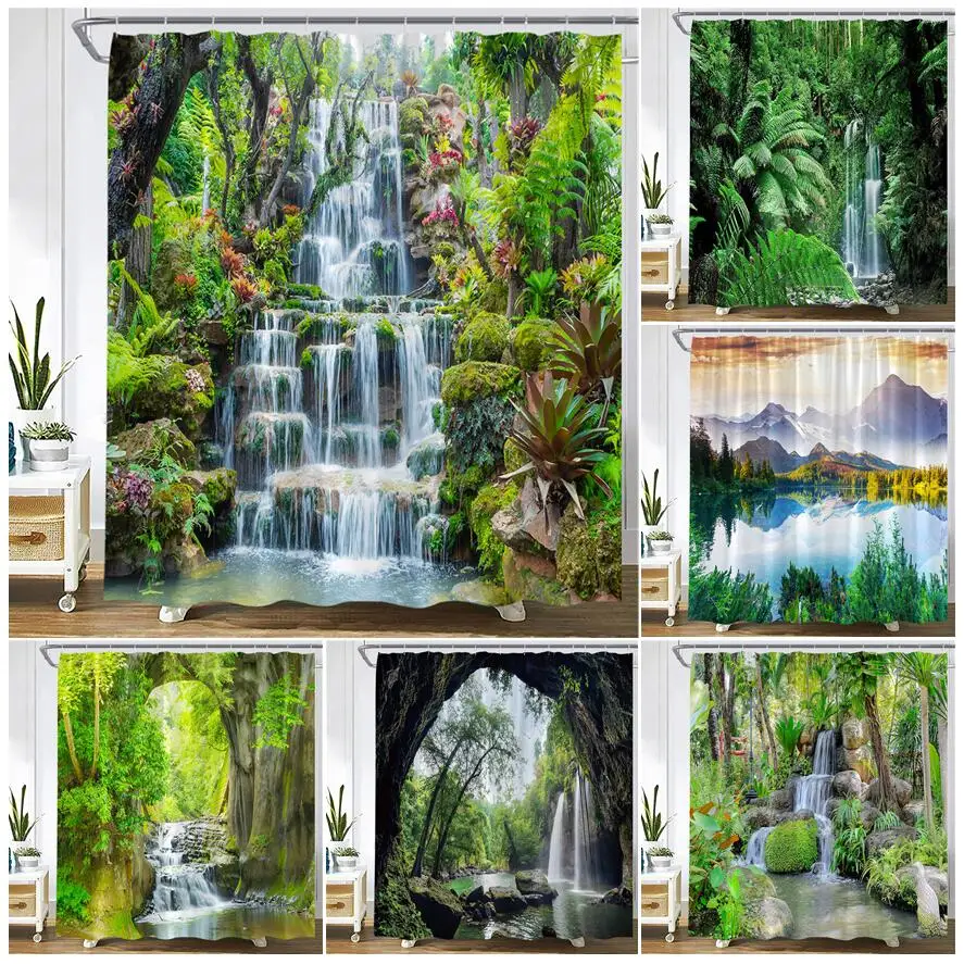 

Spring Waterfall Landscape Shower Curtains Tropical Forest Plants Nature Scenery Fabric Garden Wall Hanging Bathroom Decor Sets