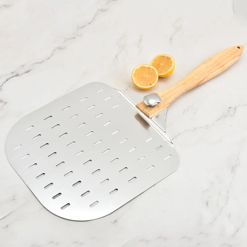 Baking Tool Perforated Pizza with Detachable Rubber Wood Handle Lightweight Aluminum Detachable Pizza Shovel Transfer Tools