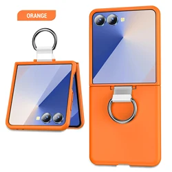 Luxury Matte Grip Ring Case with Finger Buckle - Solid Color Shockproof PC Cover - Galaxy Z Flip3 5G (Orange)