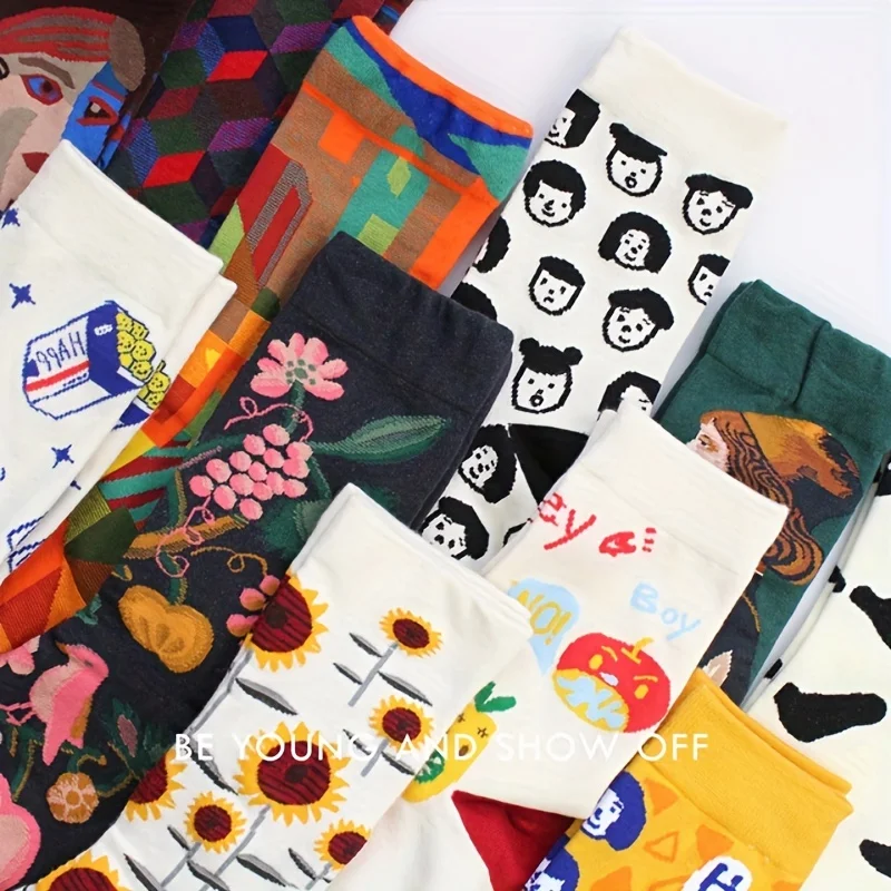1 pair unisex colored printed mid tube socks trendy personalized animal flower socks