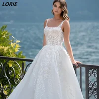 LORIE Side Slit Square Collar Lace Wedding Dresses Sleeveless Backless Appliques A-Line Bridal Gowns Vintage Boho Bride Dress 1