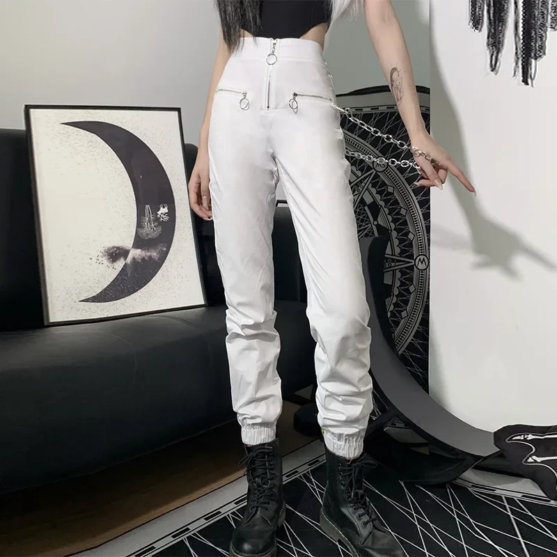 Gothic Style Harajuku Zipper Streetwear Women Casual Harem Pants Chain Pure Black Pants Cool Fashion Hip-hop Trousers Trousers