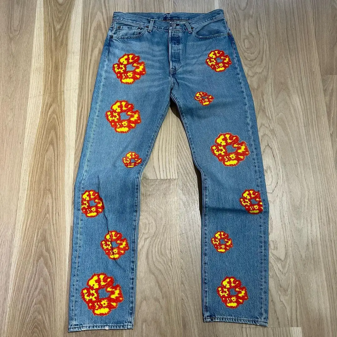 2024 New Harajuku Flame Kapok Print Jeans American Men's and Women's High Street Loose Straight Trousers y2k men’s jeans