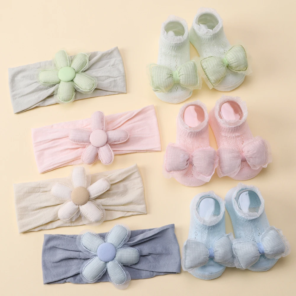 

2pcs Lovely Baby Bows Socks Set Fresh Candy Color Breathable Short Socks with Sweet Flower Headband Elastic Hairband for Newboen