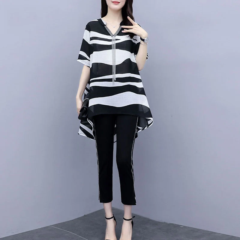 

Summer New Women's Two-Piece Short Suits Western Style Casual Elegant Tassel Zebra Print Blouse & Fashion Black Pencil Pants