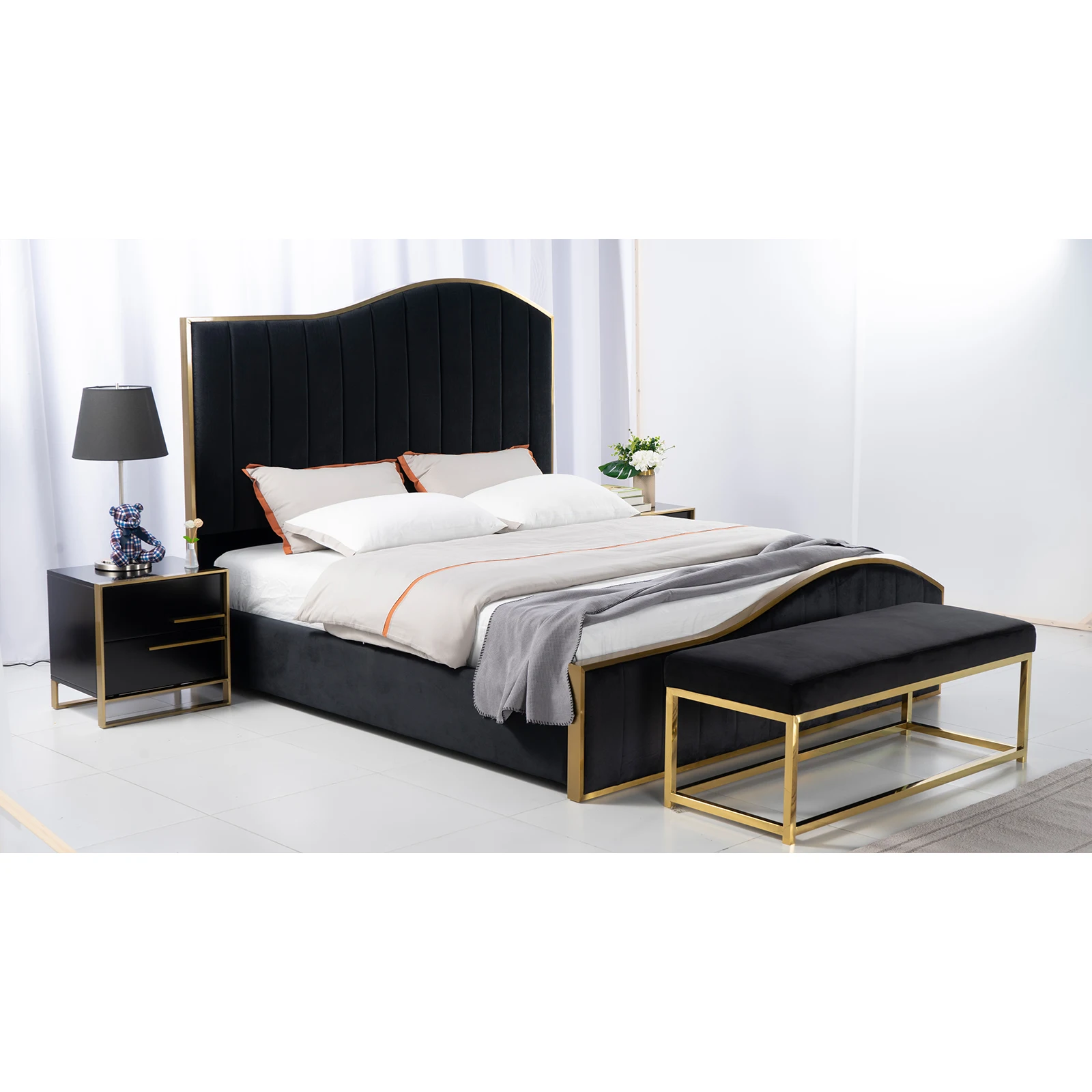 Luxury gold  Furniture Queen  and King Size Bedroom Set with Bed, Dresser, Mirror, Night Stand, Chest, black благовония hem night queen королева ночи четырехгранник 8 палочек