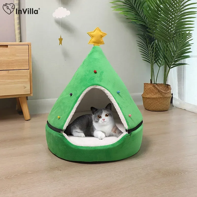 

Christmas Cat Bed Dog Tent House Mat Pet Self-Warming 2 in 1 x Cave Cute Sofa for Small Dog Kitten Hut Hideout Green Supplies