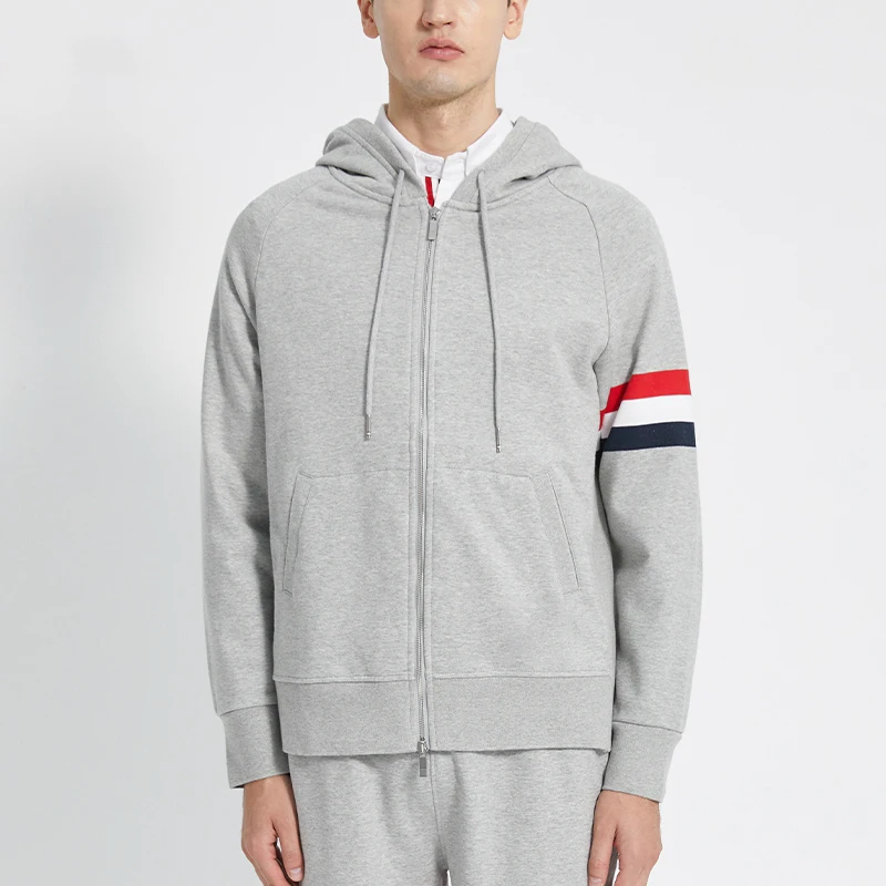 

TB THOM Men's Hoodie Long Sleeve Drawstring Drop Shoulder Zip Up Sweatshirts Classic Stripe splicing Fashion Casual Coat