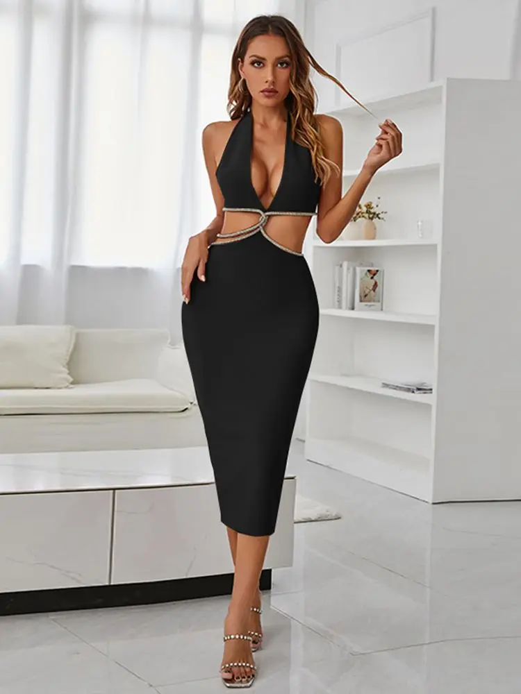 

2024 Summer Sexy Bustier Dress Women Halter Backless Cut Out Waist Bodycon Midi Bandage Dress Celebrity Evening Party Going Out